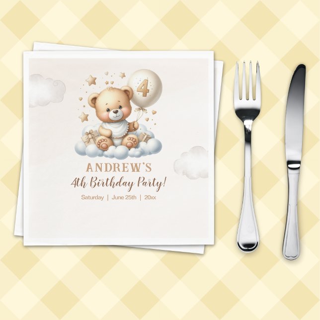 Teddy Bear 4th Birthday Party Napkins Pappersservett (Skapare uppladdad)