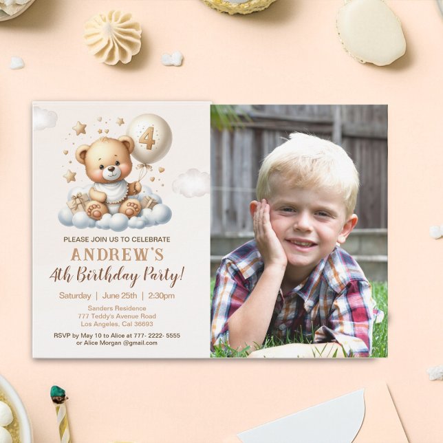 Teddy Bear 4th Birthday Photo Invitation for Boys Inbjudningar (Skapare uppladdad)