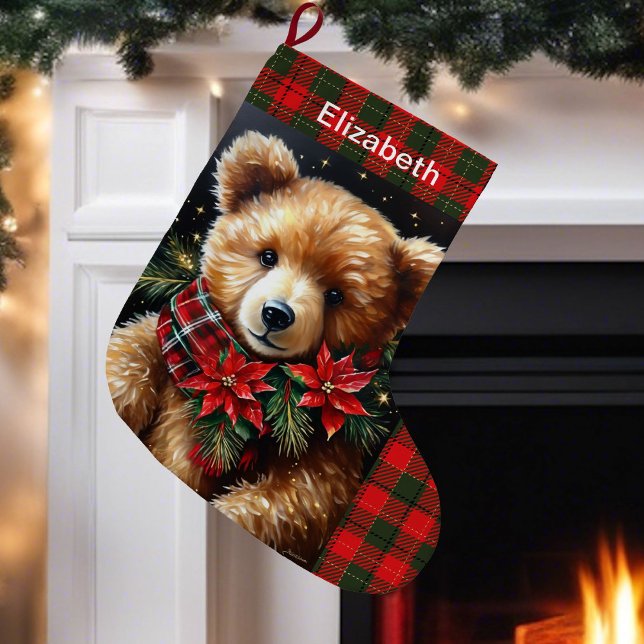 Teddy Bear Add Name Christmas Red Green Stor Julstrumpa (Skapare uppladdad)