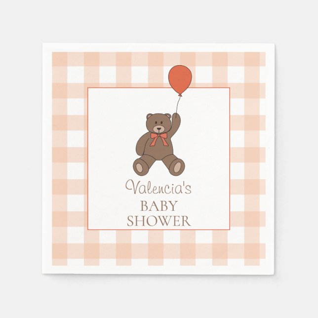 Teddy Bear and Balloon Orange White Baby Shower Pappersservett (Framsidan)