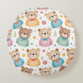 Teddy bear and flowers rund kudde