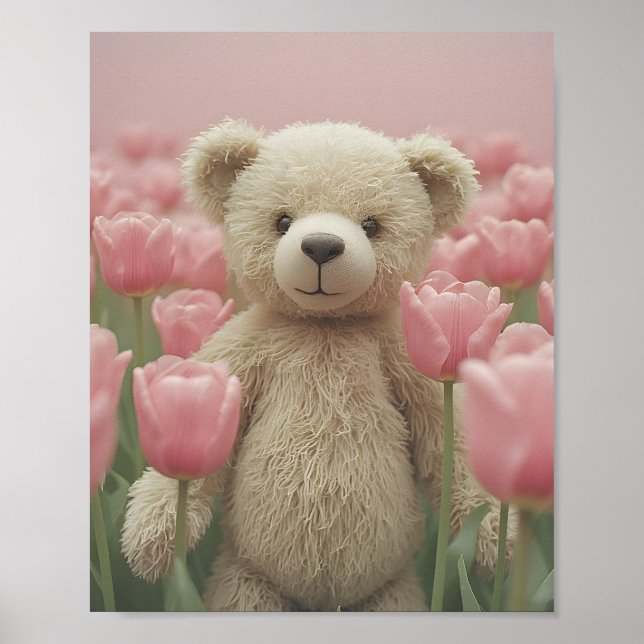Teddy Bear and pink tulip Nursery Poster (Framsidan)