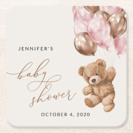 Teddy Bear, Baby Bear, Pink Balloons, Baby Shower Underlägg Papper Kvadrat