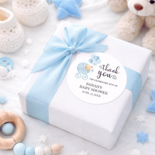 Teddy Bear Baby Shower Blå Akvarell Tack Runt Klistermärke
