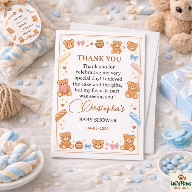 Teddy Bear Baby Shower Boy | Cute Blue Bear Tack Kort (Teddy Bear Baby Shower Boy | Cute Blue Bear Thank You Card
)