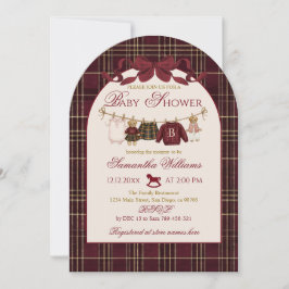 Teddy Bear Baby Shower Girl Plaid Burgundy Bow Inbjudningar