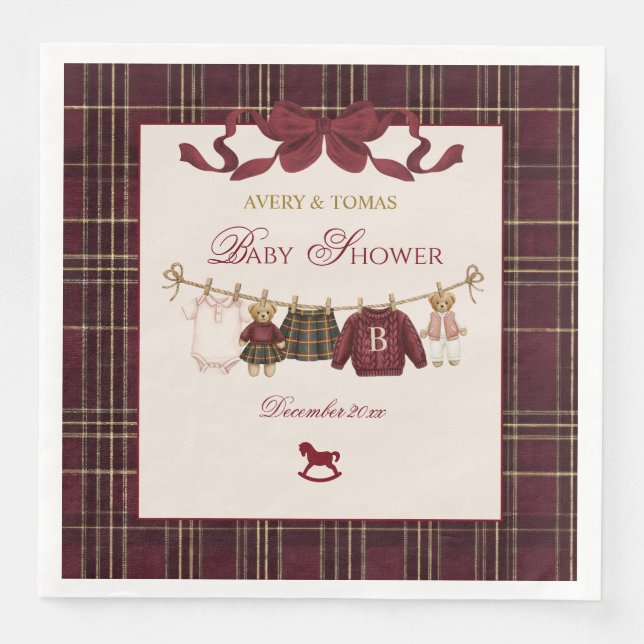 Teddy Bear Baby Shower Girl Plaid Burgundy Bow  Pappersservett (Framsida)