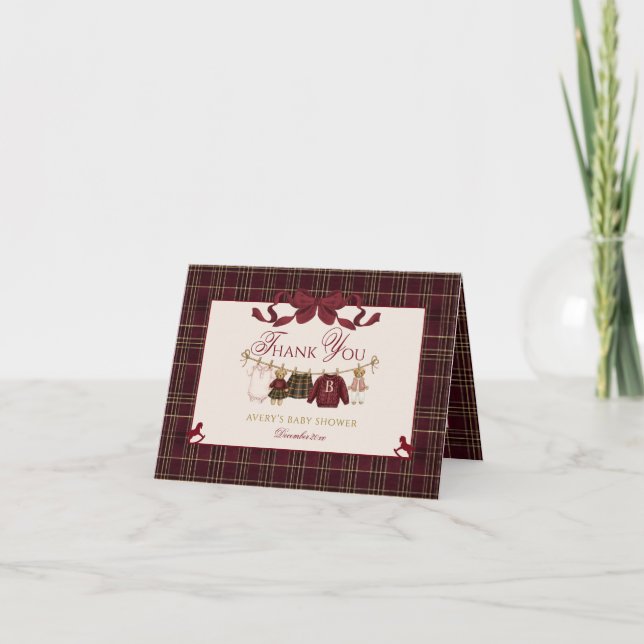 Teddy Bear Baby Shower Girl Plaid Burgundy Bow  Tack Kort (Framsida)