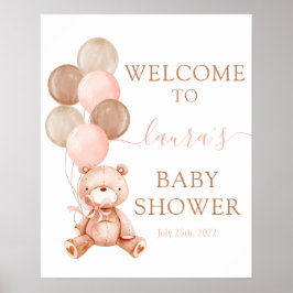 Teddy Bear Baby Shower Girl Welcome sign Poster