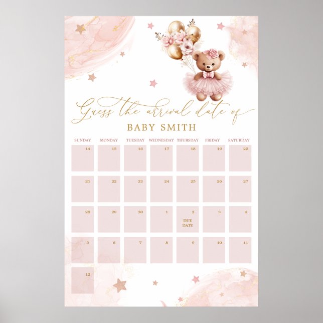 Teddy Bear Baby Shower Guess Due Date Calendar Poster (Framsidan)