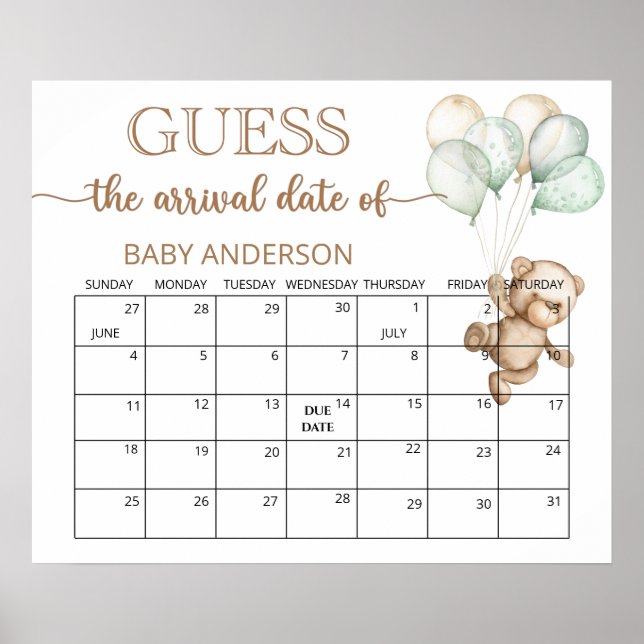 Teddy Bear Baby Shower Guess Due Date Calendar   Poster (Framsidan)