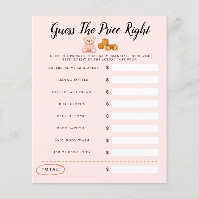 Teddy Bear Baby Shower Rosa Spel Gissa Priset (Framsida)
