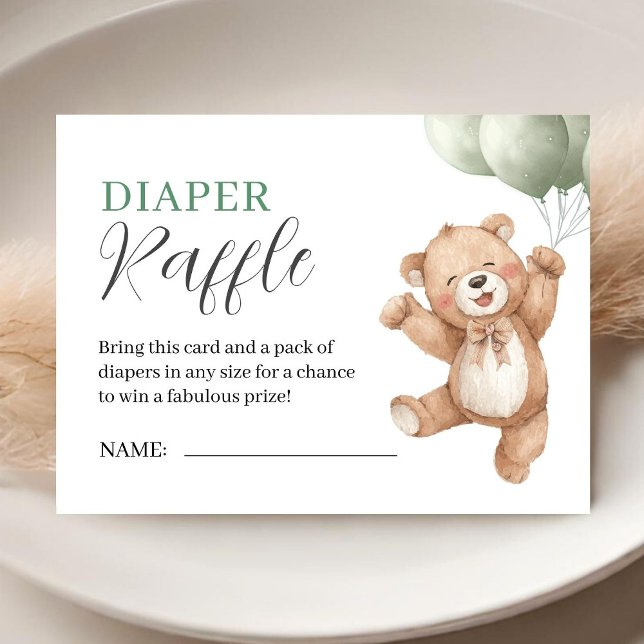 Teddy Bear Baby Shower Sage Green Diaper Raffle Tilläggskort (Skapare uppladdad)