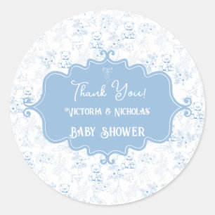 Teddy Bear Baby Shower Toile Blå Tack Runt Klistermärke