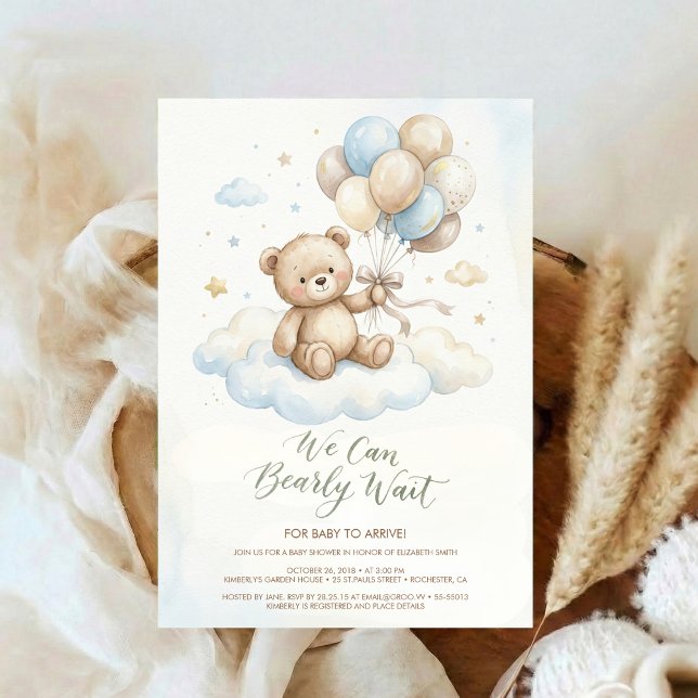 Teddy Bear Baby Shower with Brown Sage Balloons Inbjudningar (Skapare uppladdad)