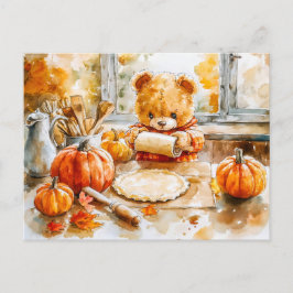 Teddy Bear Baking a Pumpkin Pie Vykort