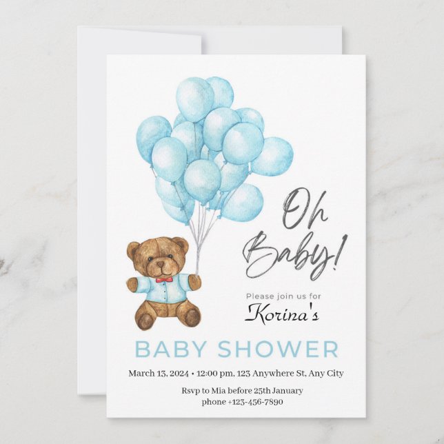 Teddy Bear Ballonger Baby Shower Inbjudan (Framsida)