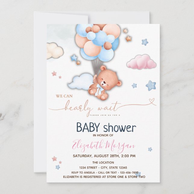  Teddy Bear Ballonger Baby Shower   Inbjudningar (Framsida)