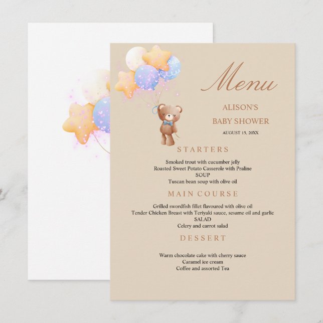 Teddy Bear Ballonger Baby Shower Meny (Fram/baksida)