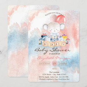 Teddy Bear Ballonger Present Watercolor Baby Showe Inbjudningar