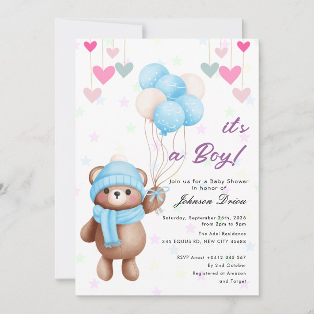 teddy bear balloon baby shower invitation inbjudningar (Framsida)