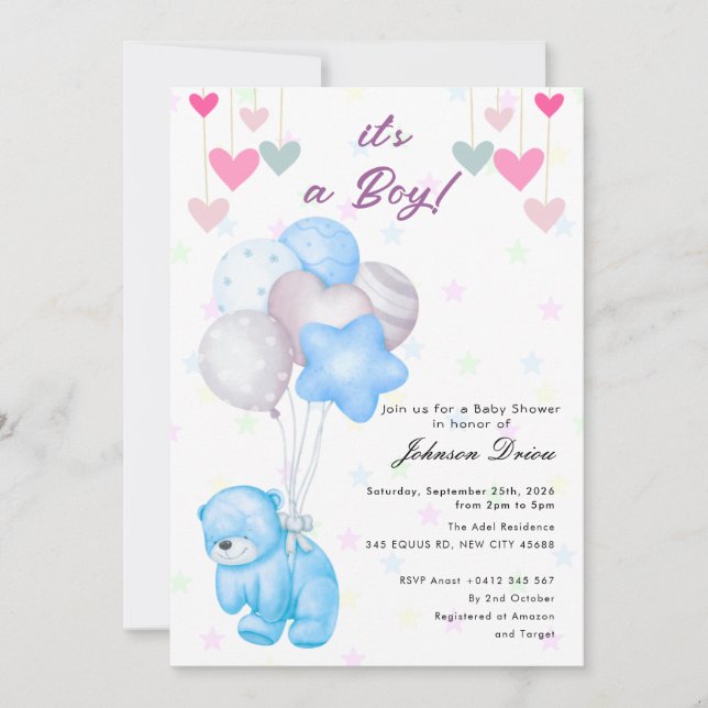 teddy bear balloon baby shower invitation inbjudningar (Framsida)