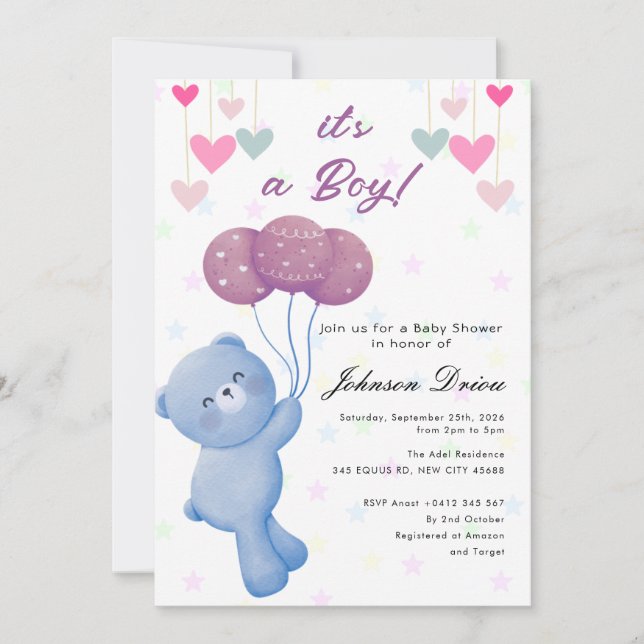teddy bear balloon baby shower invitation inbjudningar (Framsida)