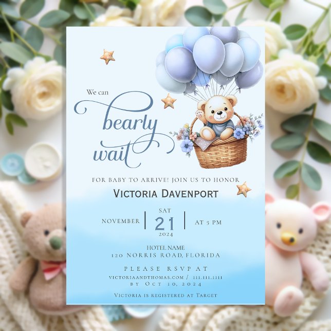 Teddy Bear Balloon Boy Baby Shower Invitation Inbjudningar (Skapare uppladdad)