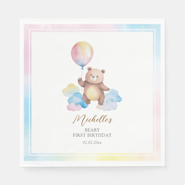Teddy Bear Balloon Clouds Beary First Birthday Pappersservett (Framsidan)