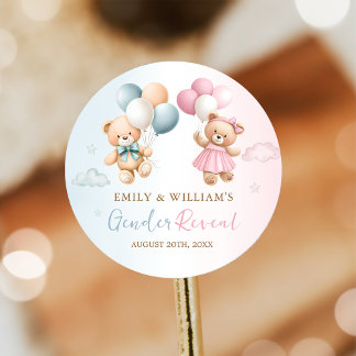 Teddy Bear Balloon Gender Reveal Sticker Runt Klistermärke
