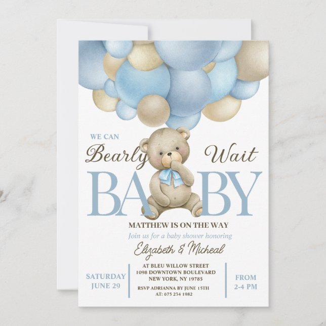 Teddy Bear Balloon Theme Baby Shower Invitation Inbjudningar (Framsida)