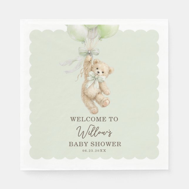Teddy Bear Balloons Baby Shower Napkins Pappersservett (Framsidan)