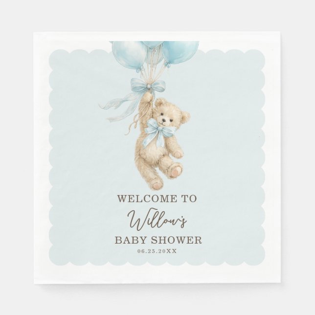 Teddy Bear Balloons Baby Shower Napkins Pappersservett (Framsidan)