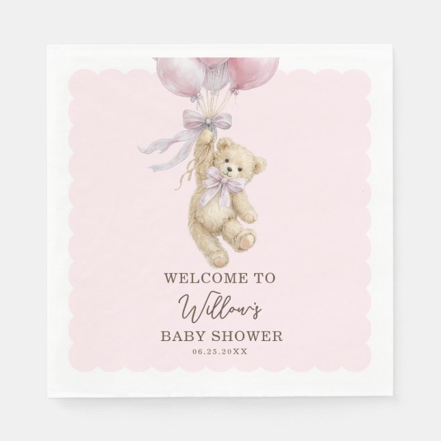 Teddy Bear Balloons Baby Shower Napkins Pappersservett (Framsidan)