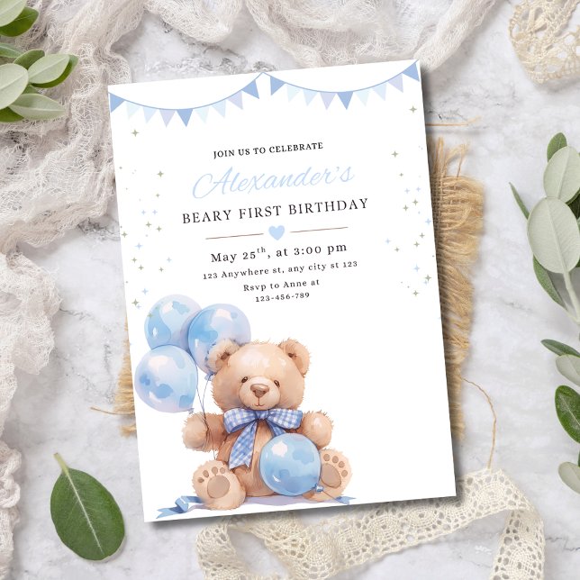 Teddy Bear Balloons Birthday Invite, Beary First Inbjudningar (Skapare uppladdad)