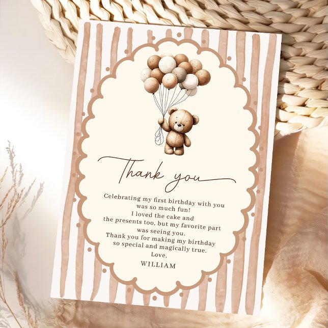 Teddy Bear Balloons Brown Stripes Birthday Tack Kort (Skapare uppladdad)