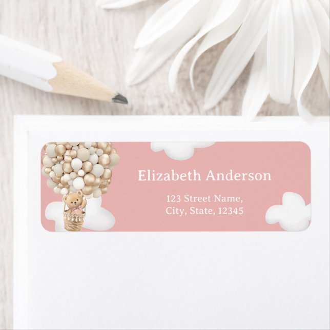 Teddy Bear Balloons Pink Baby Shower Label Returadress Etikett (Insitu)