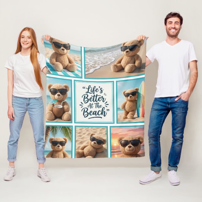 Teddy Bear Beach Blanket, Cute Bear Sunglasses  Fleecefilt (På plats)