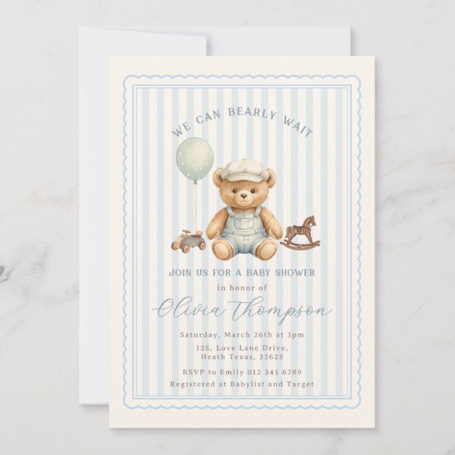 Teddy Bear Bebis Bjudan Till Baby Shower Inbjudningar (Framsida)