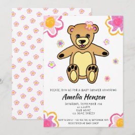 Teddy Bear Blomflicka Blommig Bebisdopp Inbjudningar