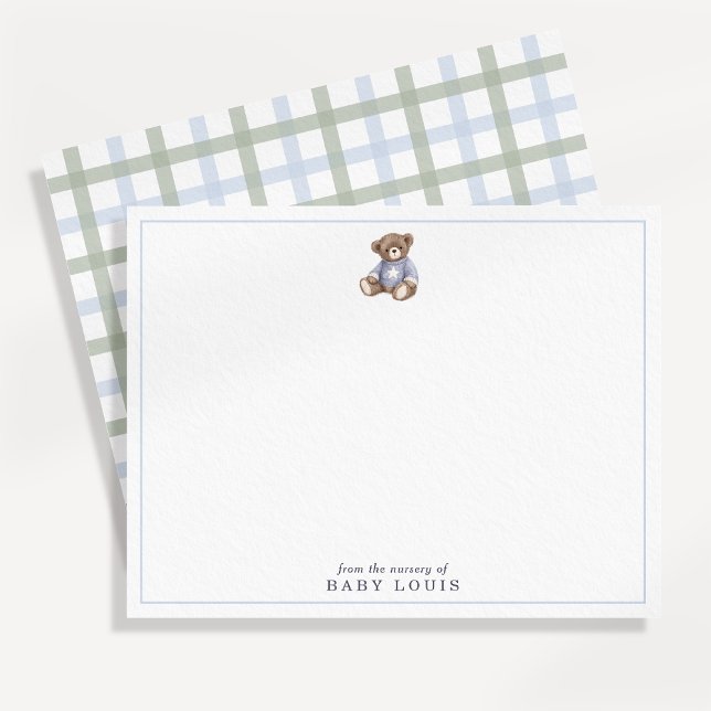 Teddy Bear Blue and Green Plaid Preppy Note card Inbjudningar (Skapare uppladdad)