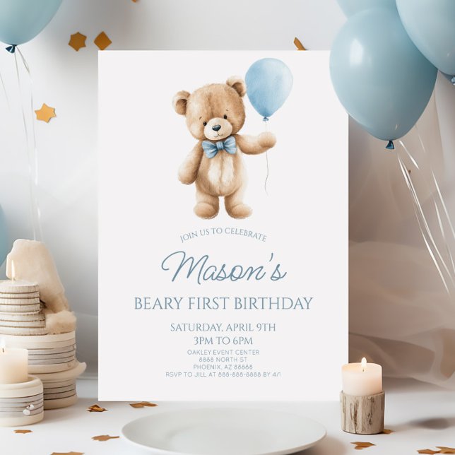 Teddy Bear Blue Beary First 1st Birthday Party Inbjudningar (Skapare uppladdad)