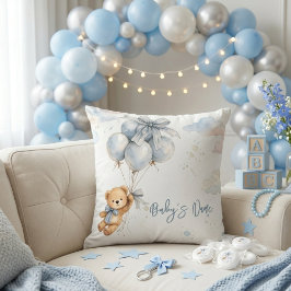 Teddy Bear Blue Bow Balloons Clouds Baby Boy Kudde