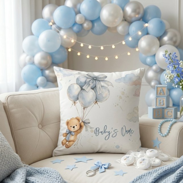 Teddy Bear Blue Bow Balloons Clouds Baby Boy Kudde (Skapare uppladdad)