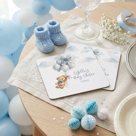 Teddy Bear Blue Bow Balloons Clouds Baby Boy Underlägg Papper Kvadrat