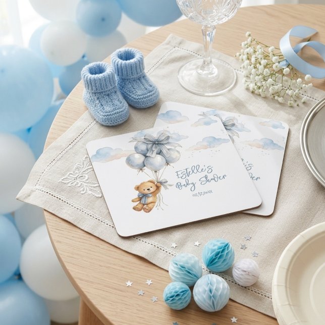 Teddy Bear Blue Bow Balloons Clouds Baby Boy Underlägg Papper Kvadrat (Skapare uppladdad)