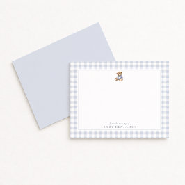 Teddy Bear Blue Gingham Preppy Nursery Note Card Inbjudningar