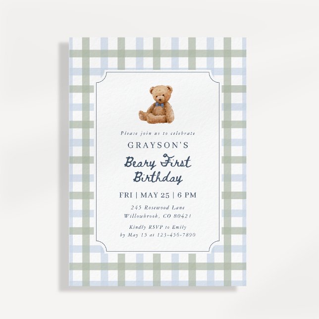 Teddy Bear Blue Sage Green First Birthday  Inbjudningar (Skapare uppladdad)