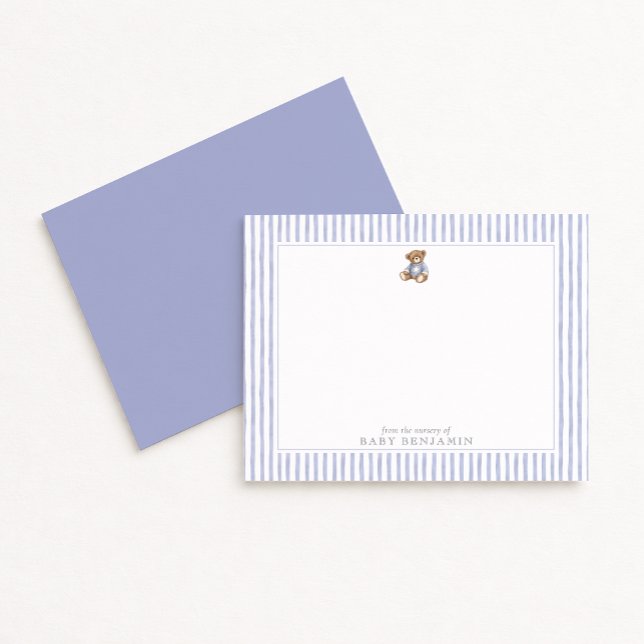 Teddy Bear Blue Stripe Preppy Nursery Note Card Inbjudningar (Skapare uppladdad)