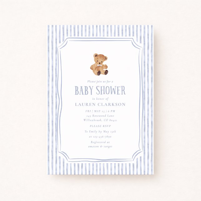 Teddy Bear Blue Stripes Baby Boy Baby Shower  Meddelande (Skapare uppladdad)